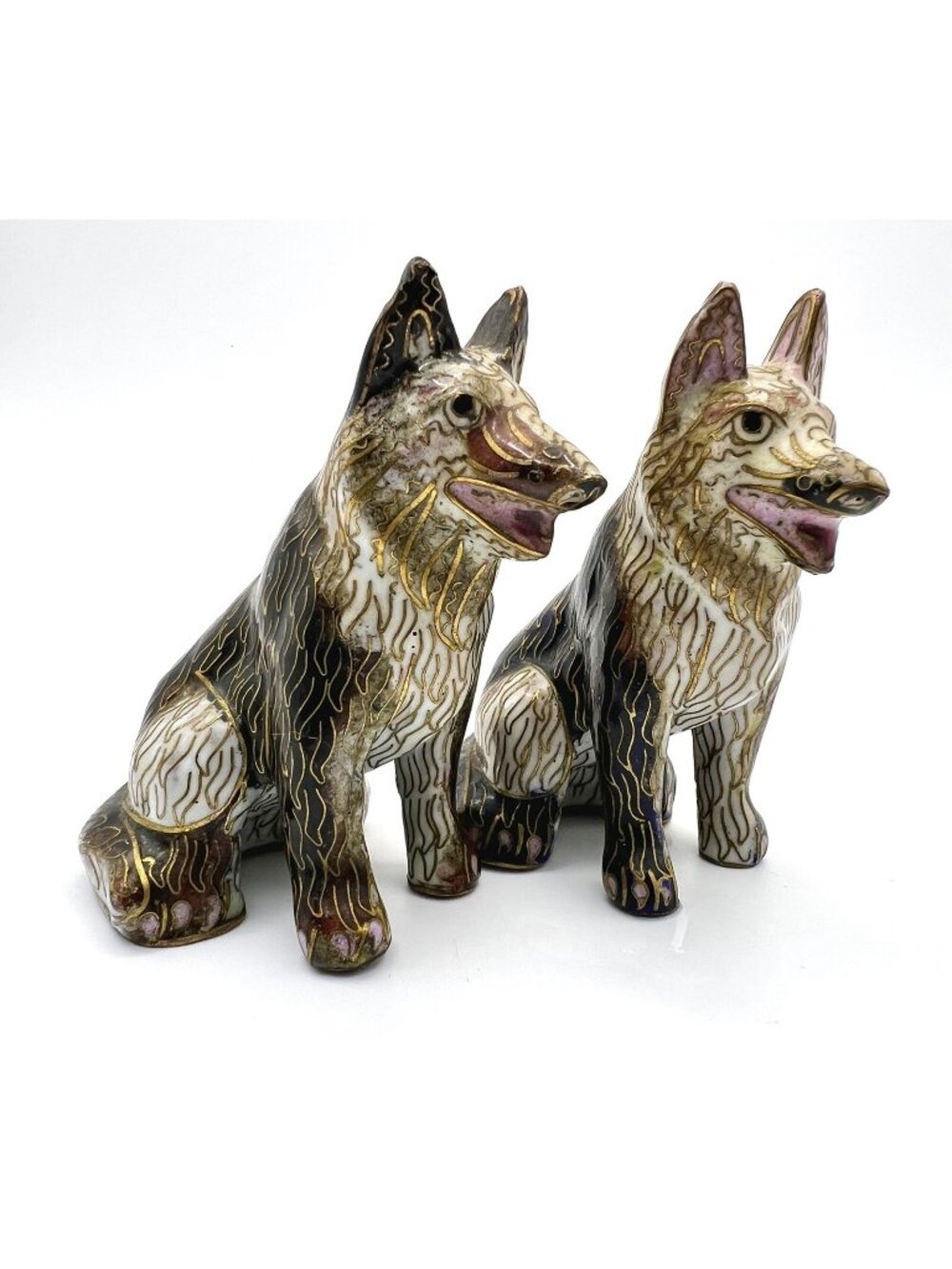 Pair Vintage Sitting Dog Brass Enamel Chinese Cloisonne Figurines